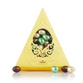 Pralinéæg grøn/guld/brun Multicolour i gul trekant æske med papirklip 300 g